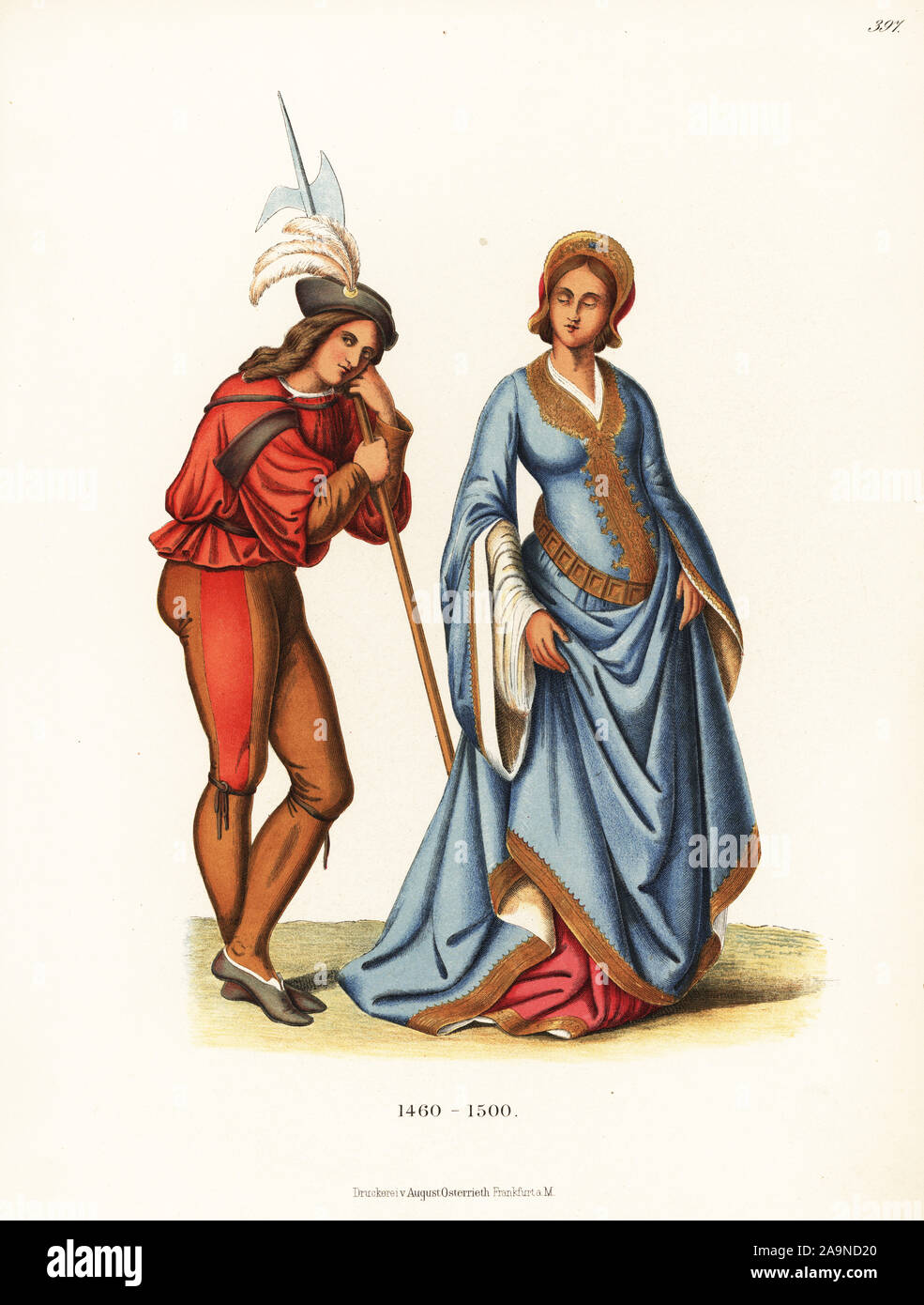 La mode italienne de la fin du xve siècle. Une femme d'un tapis maintenant en Corpus Domini, Rome. Un soldat romain avec pike à partir d'une fresque de la bibliothèque de l'église de Sienne. Chromolithographie de Hefner-Alteneck les costumes, Œuvres et appareils du Moyen-Âge au 17ème siècle, Francfort, 1889. Le Dr Hefner-Alteneck (1811 - 1903), était un conservateur de musée, archéologue, historien de l'art, illustrateur et graveur. Banque D'Images