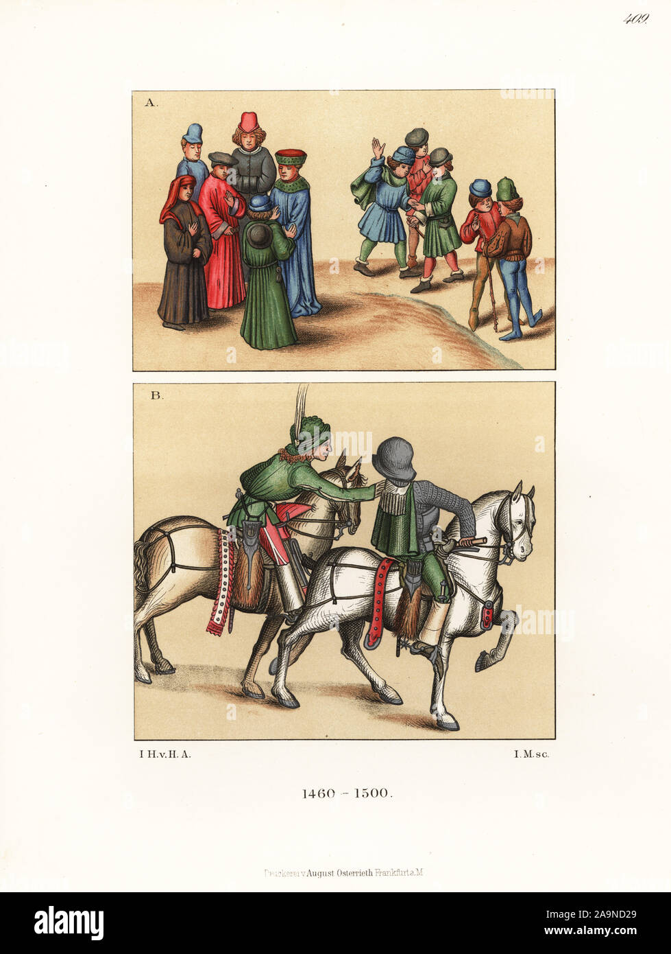 La mode allemande de la fin du xve siècle. Des universitaires ou conseillers, à gauche et à droite, un des artisans, et deux coureurs de poignards dans leurs bottes d'une Cité Médiévale Zurbaran, Mittelalterlichen Hausbuch, par R. von Hefner-Alteneck Retberg B. chromolithographie de costumes, Œuvres et appareils du Moyen-Âge au 17ème siècle, Francfort, 1889. Illustration par le Dr Jakob Heinrich von Hefner-Alteneck, lithographiée par I.M. Le Dr Hefner-Alteneck (1811 - 1903), était un conservateur de musée, archéologue, historien de l'art, illustrateur et graveur. Banque D'Images