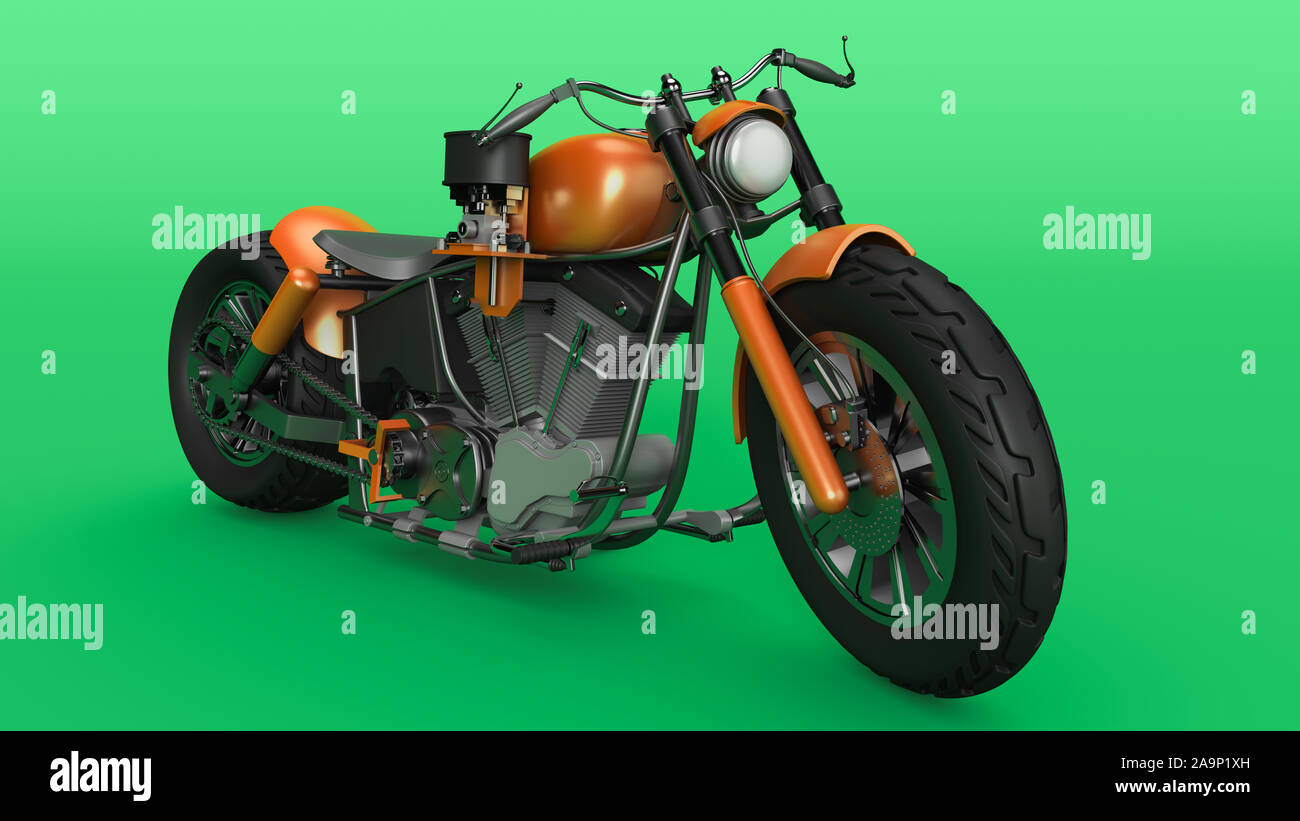 Vélo avec chrome, moteur de l'orange-jaune moto futuriste isolé sur fond  vert, 3D Rendering Photo Stock - Alamy