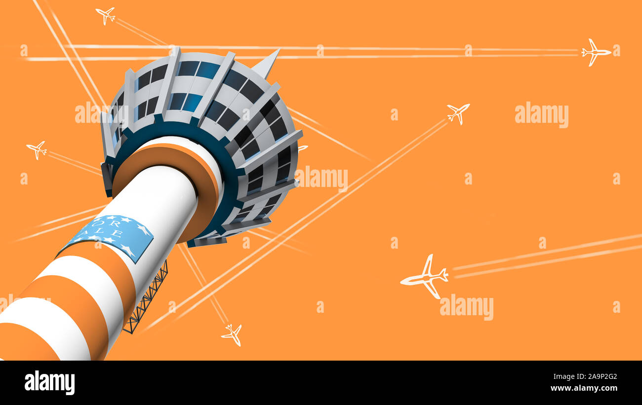Tour de contrôle de la circulation aérienne, rendu 3D grand aéroport moderne illustration. AP urbain extérieur avec des arbres et de vol et de construction bâtiment. Banque D'Images