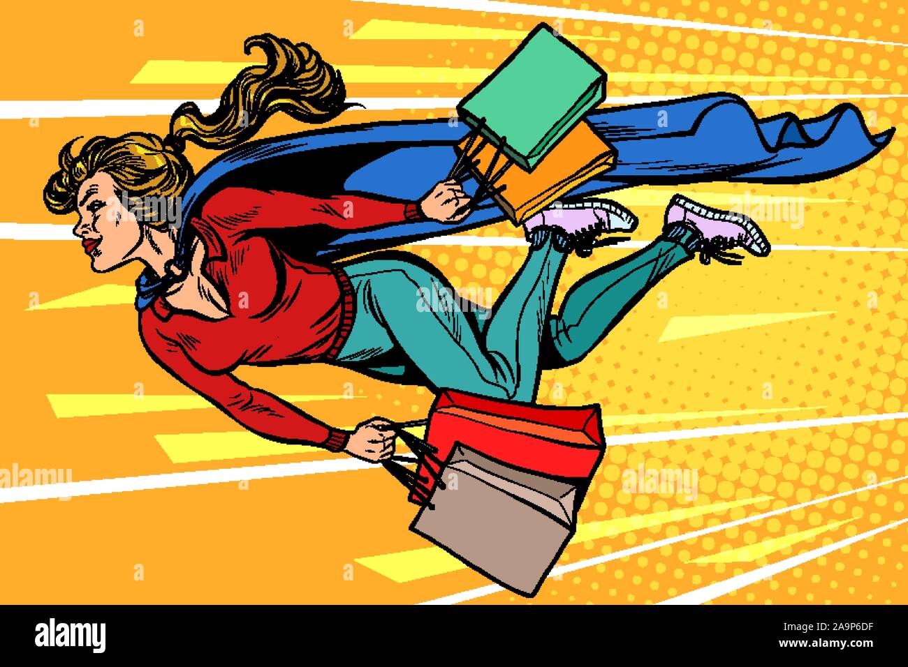 Femme super-héros voyagent avec des promotions et ventes. shopping dans les magasins Illustration de Vecteur