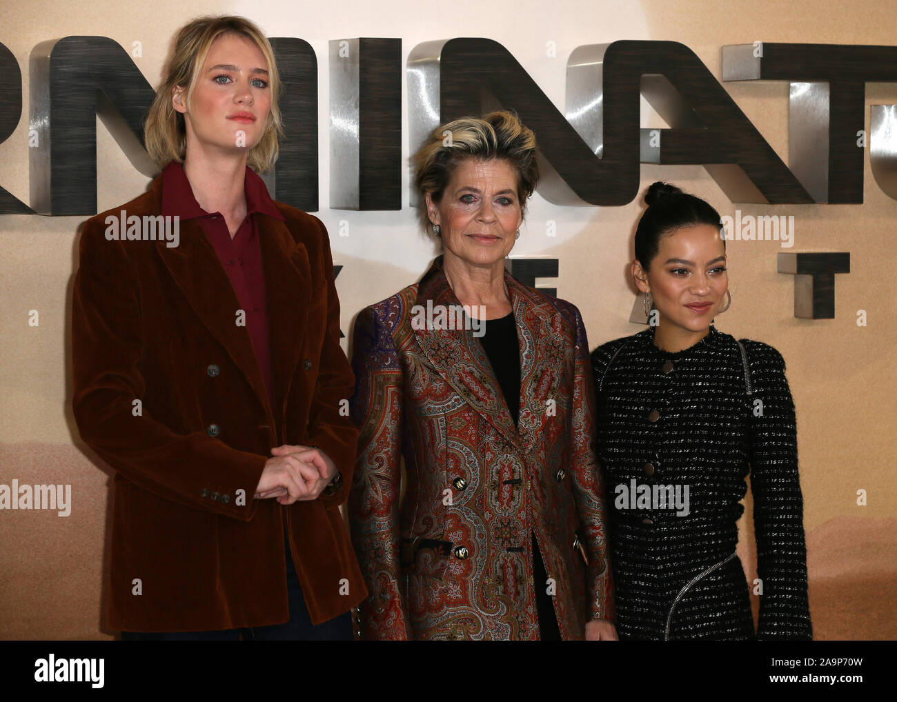 Terminator : Dark sort une séance tenue à l'hotel Mandarin Oriental, Knightsbridge avec : Mackenzie Davis, Linda Hamilton, Natalia Reyes où : London, Royaume-Uni Quand : 17 Oct 2019 Crédit : Mario Mitsis/WENN.com Banque D'Images