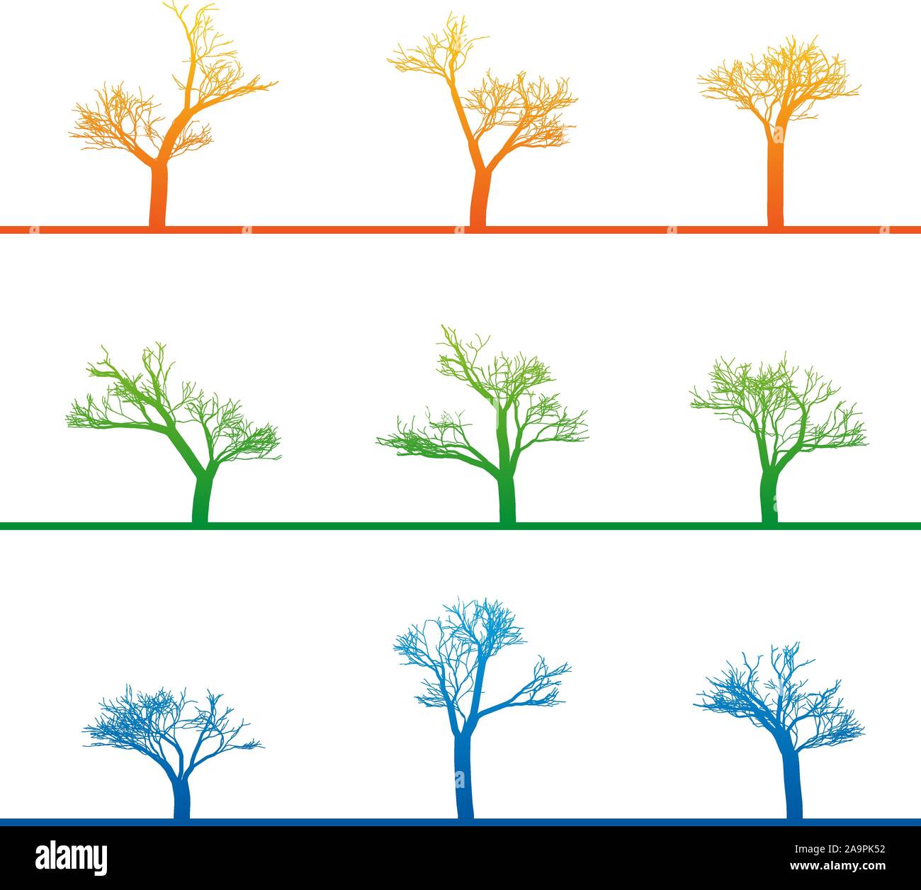 Mystical les arbres pousser. Divers formulaire, stylisation linéaire abstrait coloré, vector illustration. Forêt, Parc, jardin, plantation d'arbres, les troncs, les bateaux Illustration de Vecteur