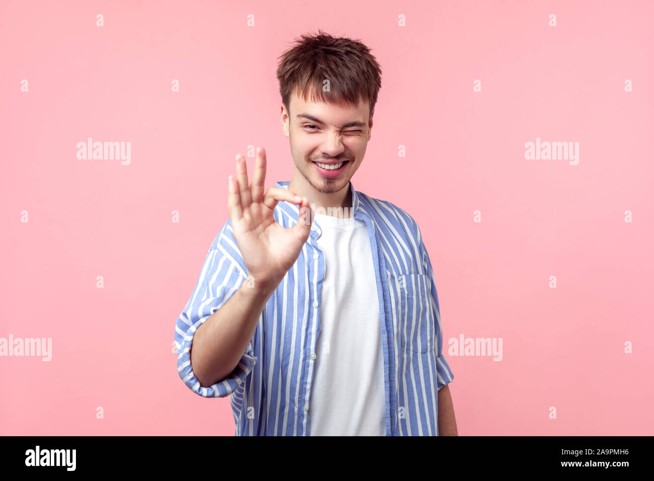 Je suis ok ! Portrait of cheerful brown brun avec petit barbe et moustache en chemise rayée avec un clin d'appareil photo à la main et montrant bon geste. Banque D'Images