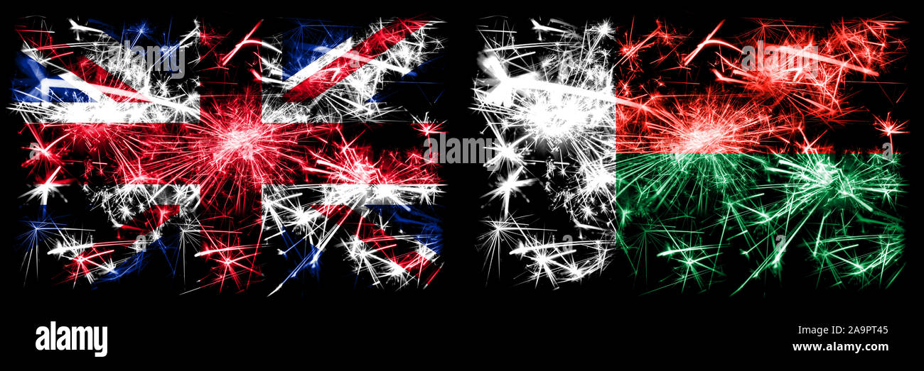Grande-bretagne, Royaume-Uni contre Madagascar, célébration du Nouvel An malgache mousseux voyage drapeaux fireworks. concept Une combinaison de deux Banque D'Images