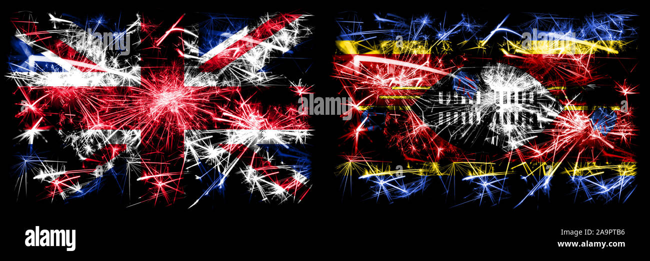 Grande-bretagne, Royaume-Uni vs Swaziland Swazi, fête du Nouvel An billet d'artifice mousseux fond concept drapeaux. Combinaison de deux abstrac Banque D'Images