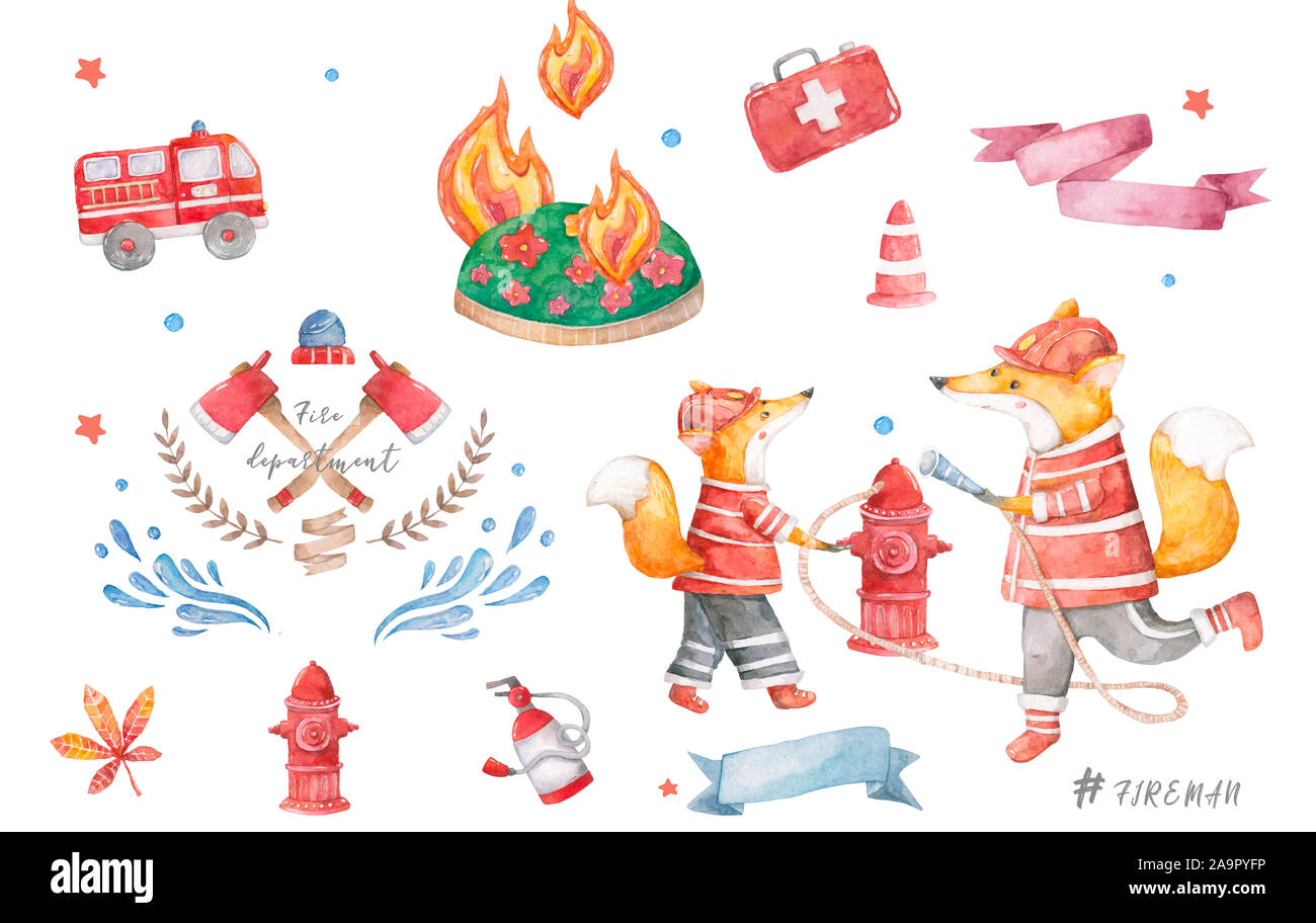 Aquarelle Mignon Dessin Anime Petit Deux Renards Eteindre Un Feu Sur Arbres Avec Eau Bebe Colore Clip Art Art Isole Fond Ensemble D Animaux Pompier Photo Stock Alamy