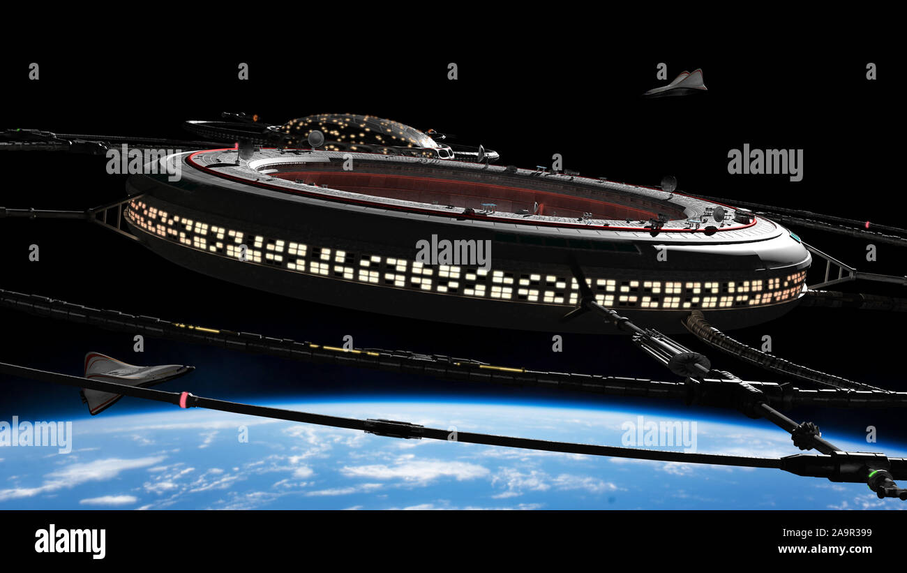 Station spatiale avec des vaisseaux spatiaux en orbite de la planète Terre Banque D'Images