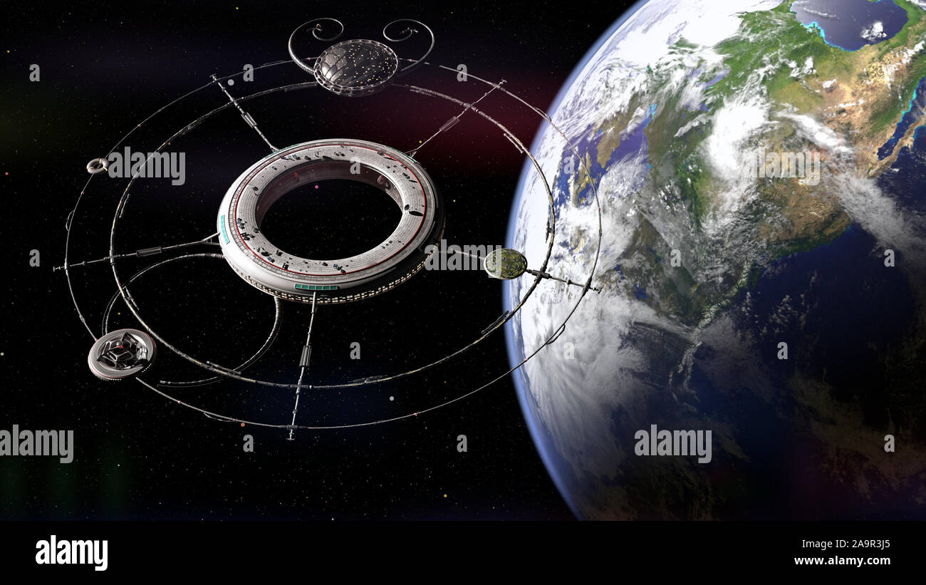 Station spatiale avec des vaisseaux spatiaux en orbite de la planète Terre Banque D'Images