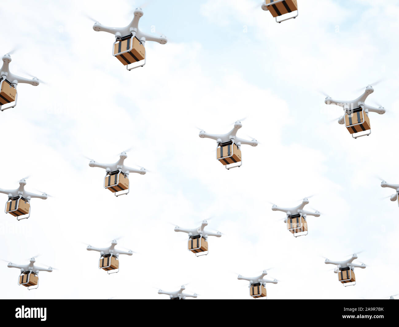 Drone quadcopter transportant du fret pour boîte de livraison de l'air rapide. Le rendu 3d illustration Banque D'Images