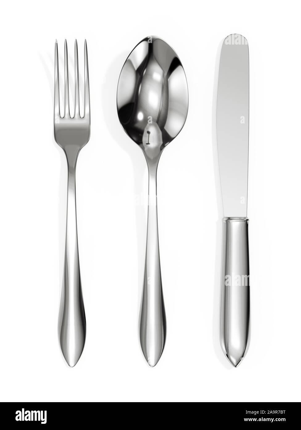 3D render of fourchette, cuillère et couteau isolé sur fond blanc Banque D'Images