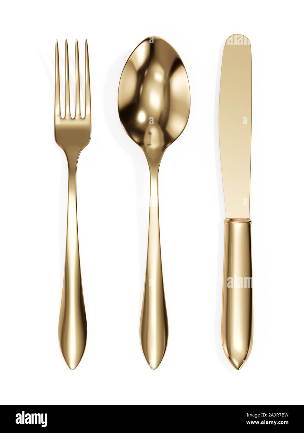 3D render of fourchette, cuillère et couteau d'or isolé sur fond blanc Banque D'Images