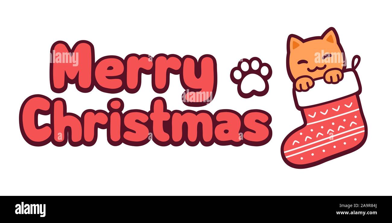 Cute cartoon cat en texte et bas de Noël Joyeux Noël. Carte de souhaits avec Kawaii kitty en chaussette et paw print. Vector clip art illustration. Illustration de Vecteur