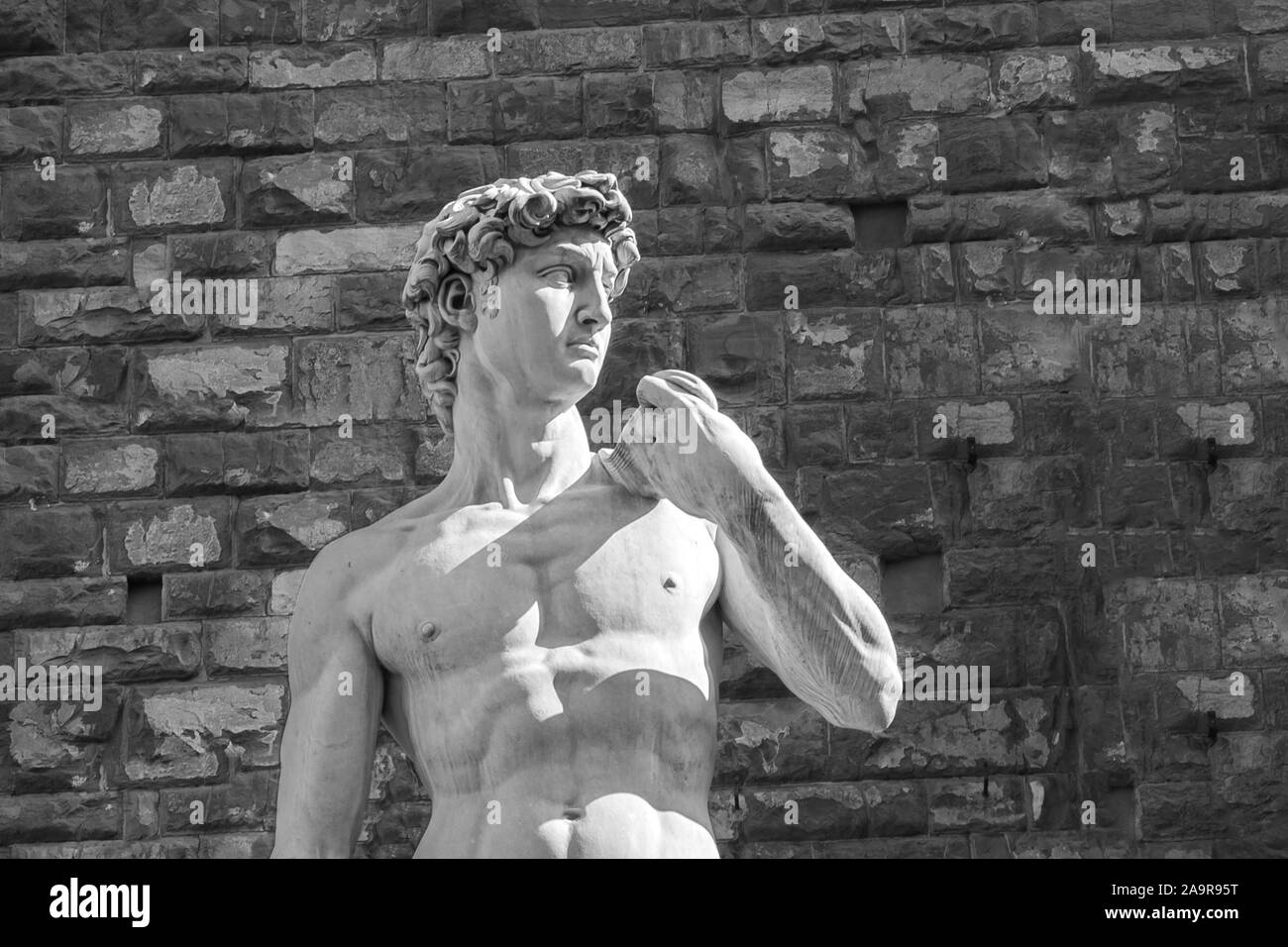 Le noir et blanc détail de la statue de David, sculptée par Michel-Ange Buonarroti dans autour de 1500, et conservé à Florence, Italie Banque D'Images