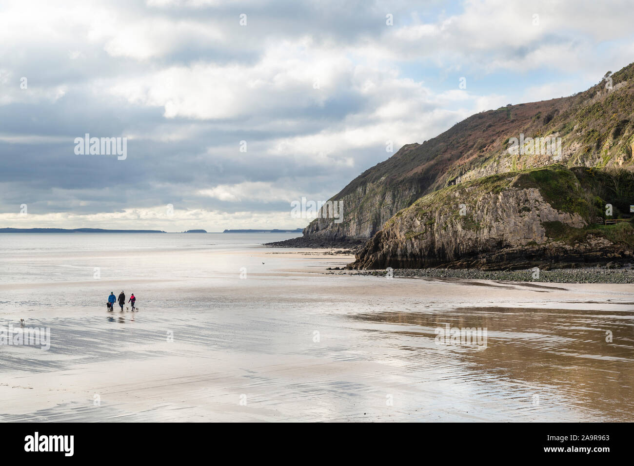 Pendine Sands, Carmarthenshire, Pays de Galles, le chien les promeneurs sur la plage à marée basse, Banque D'Images