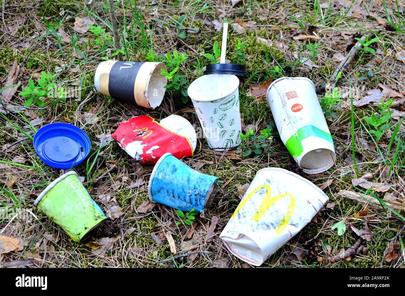 Jeter les gobelets à café et restauration rapide emballage dans la forêt  sur le sol. Ne bénéficient pas de corbeille. Le concept de la pollution de  la nature et de l'environnement Photo