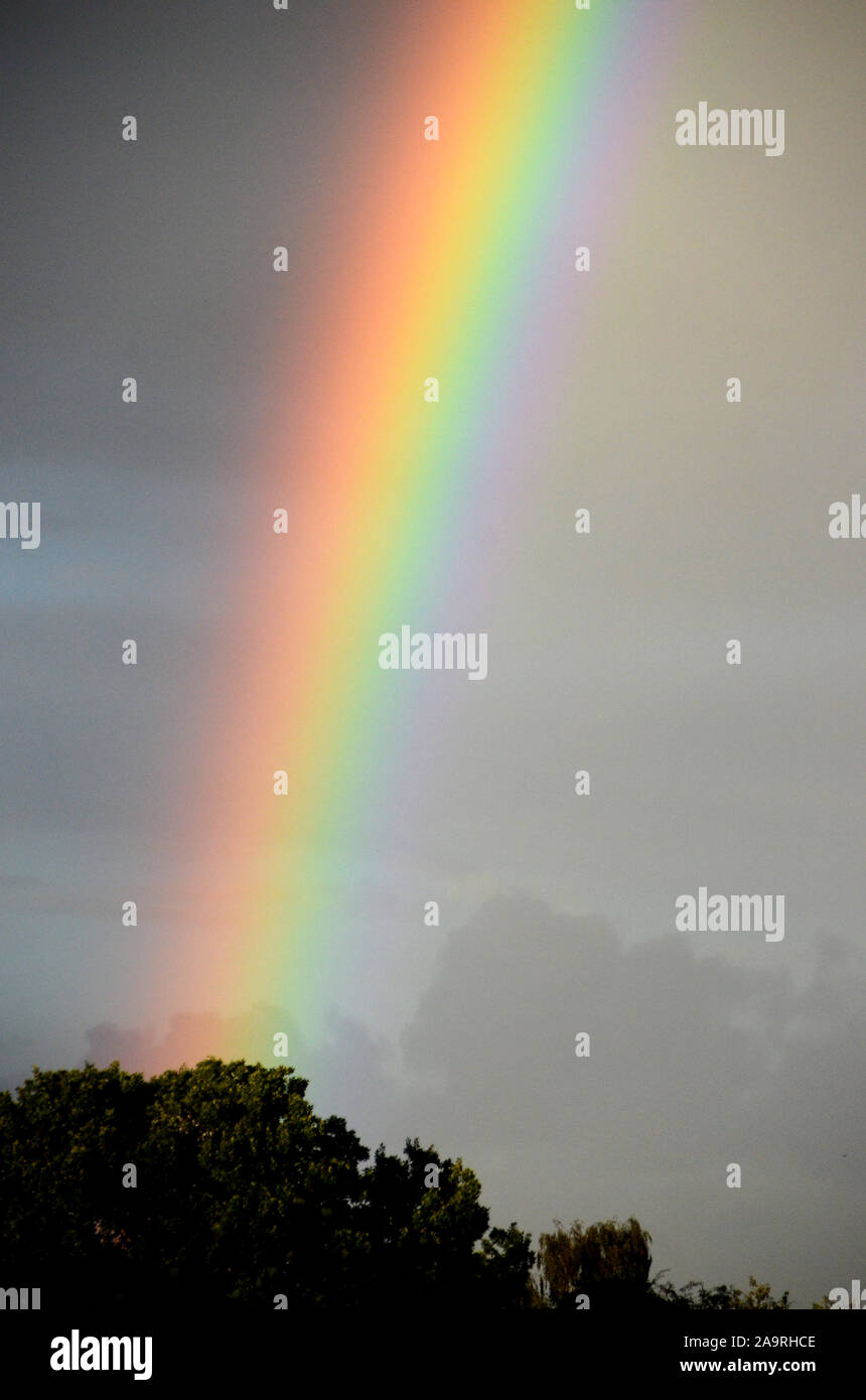 La fin de l'Arc en Ciel, téléobjectif d'un arc-en-ciel colorés dans un paysage brumeux. Banque D'Images
