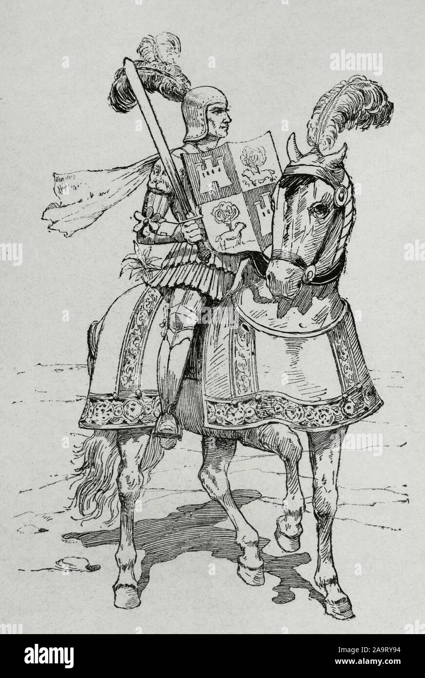 Moyen-Âge. Christian Chevalier. Gravure d'un codex du 14ème siècle. Museo Militar, 1883. Banque D'Images