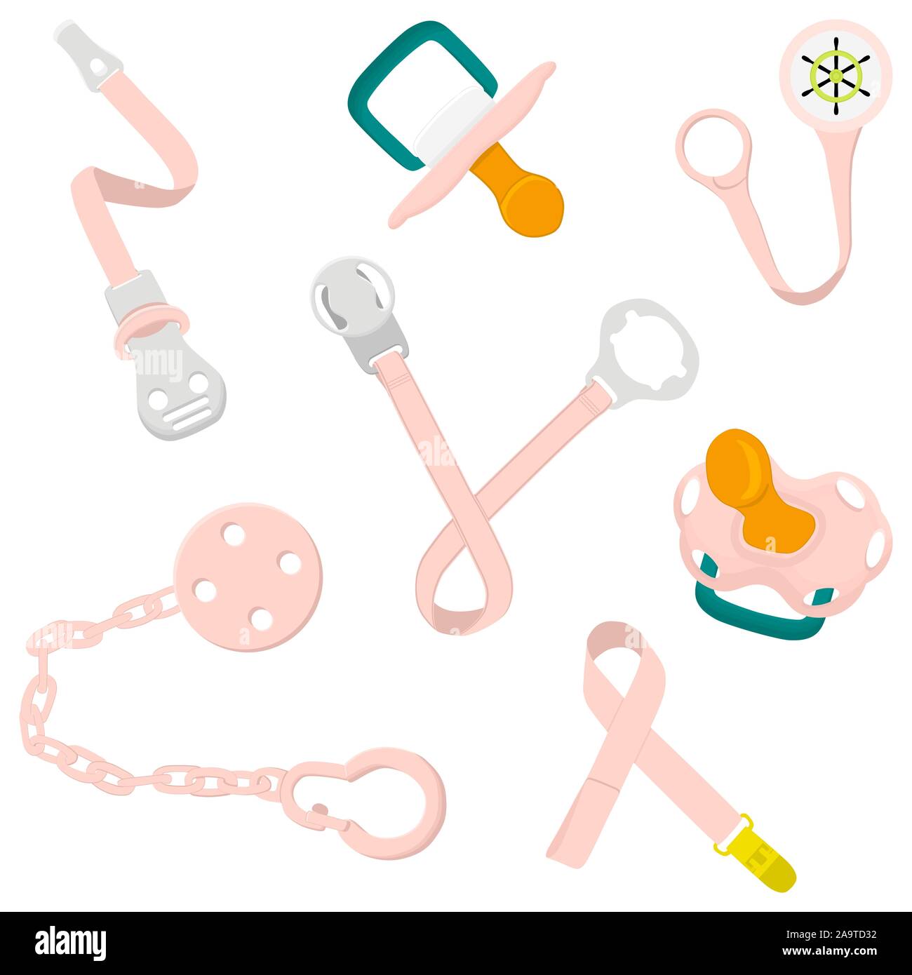 Mode couleur gros bébé sucettes, mannequin avec des porte-caoutchouc mamelon. Les sucettes bébé composé de collection pour nouveau-né, mannequin porte-tétine. Ni factice Illustration de Vecteur