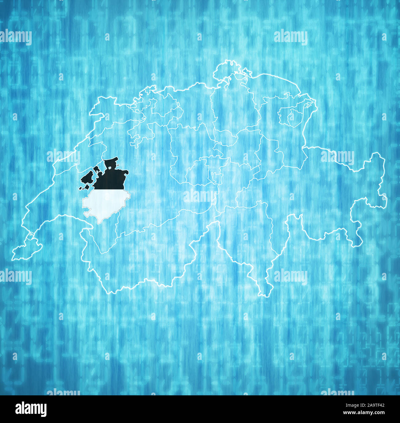 Drapeau et territoire du canton de Fribourg sur la carte des divisions administratives de la Suisse Banque D'Images