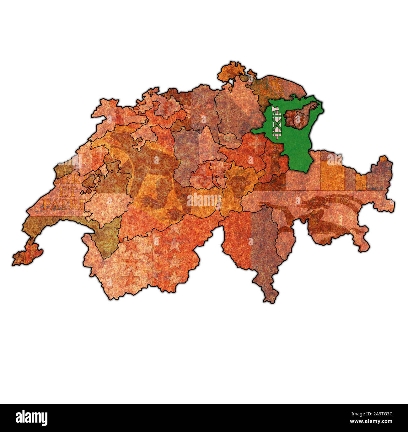 Drapeau et territoire du canton de St-Gall sur carte des divisions administratives de la Suisse Banque D'Images