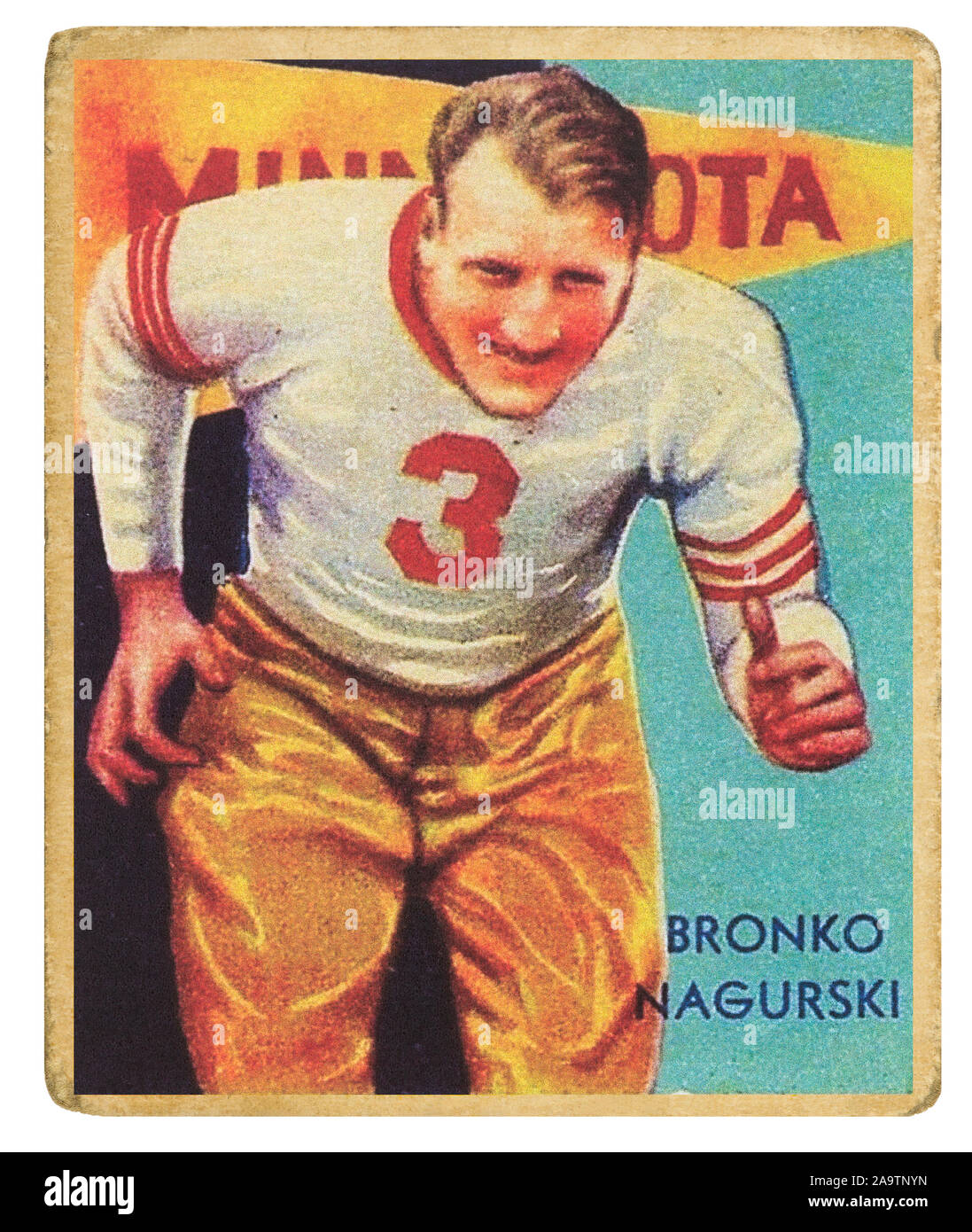 Ancien joueur de football de l'Université du Minnesota Bronko Nagurski sur une nationale 1935 Chicle Co. foot carte. Bronislau Bronko Nagurski est présenté comme un Banque D'Images