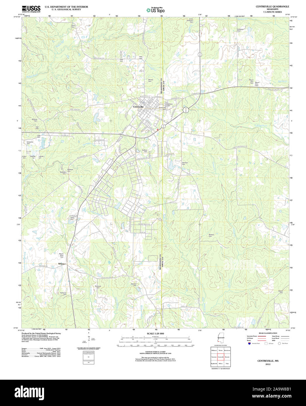 Carte TOPO USGS MS Mississippi Centreville 20120320 Restauration TM Banque D'Images