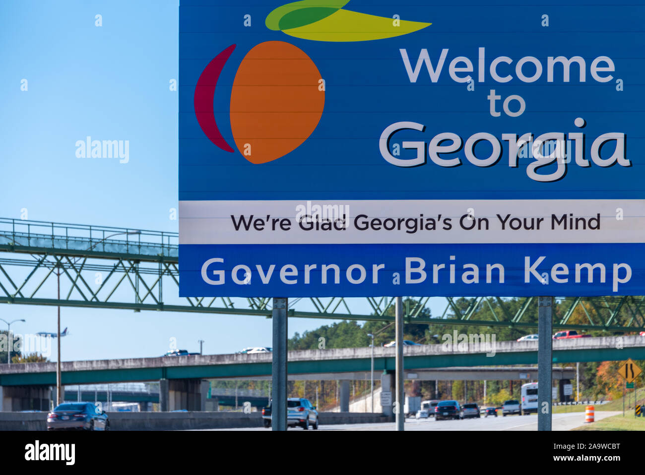 Bienvenue à la Géorgie signe le long de la I-85 à l'aéroport international Hartsfield-Jackson d'Atlanta à Atlanta, Géorgie. (USA) Banque D'Images