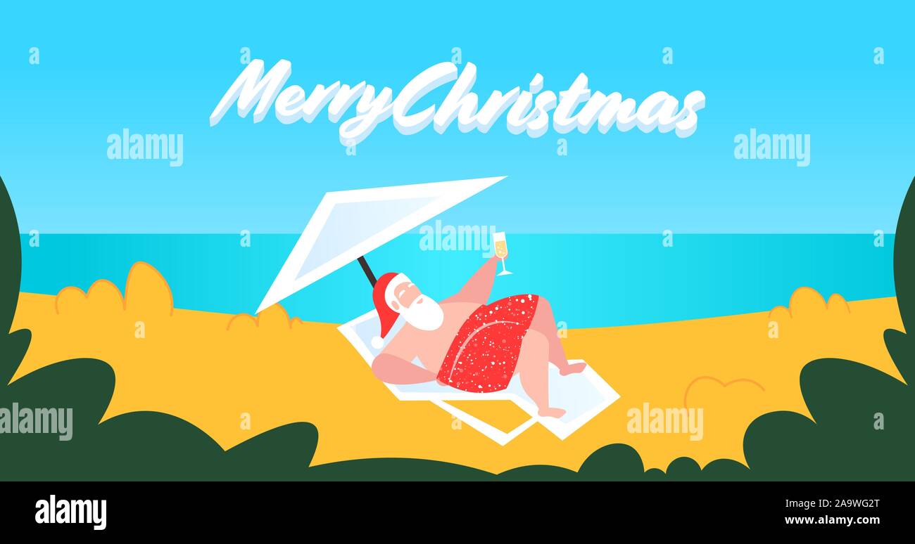 Père Noël barbu de soleil allongé sur une chaise longue cocktail nouvel an noël vacances fond illustration vecteur horizontal seascape Illustration de Vecteur