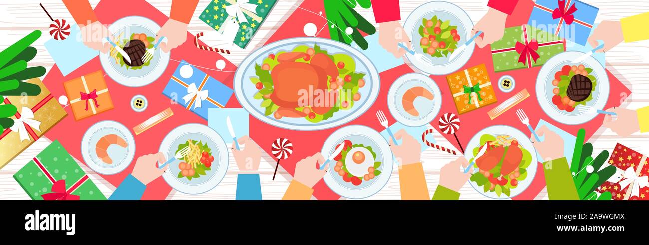 Mains tenant le couteau et fourchette de manger des aliments sur la table de dîner de Noël nouvelle année canard rôti et les plats d'hiver fêtes concept top vue d'angle de bannière horizontale vector illustration Illustration de Vecteur