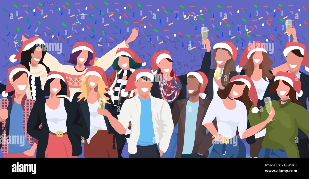 Businesspeoplein santa hats avoir confetti mix corporate business course les gens célébrant joyeux noël bonne année les vacances d'hiver portrait horizontal concept vector illustration Illustration de Vecteur