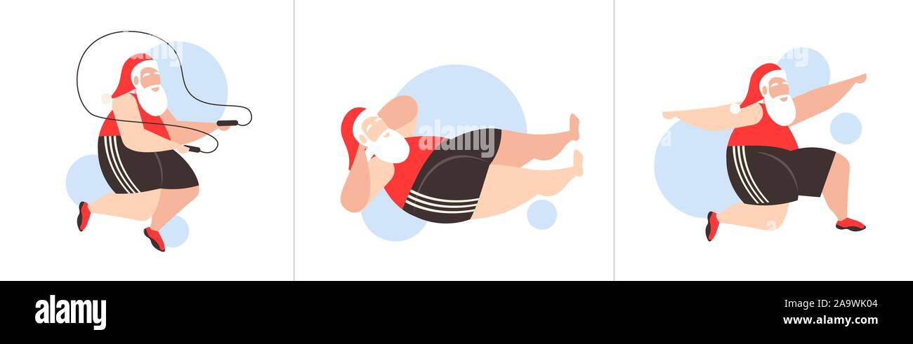 Fat santa claus faire différents exercices d'entraînement de formation de poids bearded man concept de perte de poids célébration de noël vacances du Nouvel An illustration vecteur horizontal Illustration de Vecteur