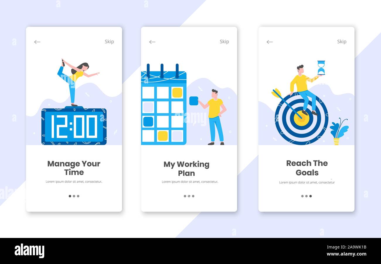 3 Gestion du temps vertical avec des bannières de temps à la planification de travail télévision style design vector illustration. De minuscules personnes travaillant sur le lieu de travail avec l'horloge, Illustration de Vecteur