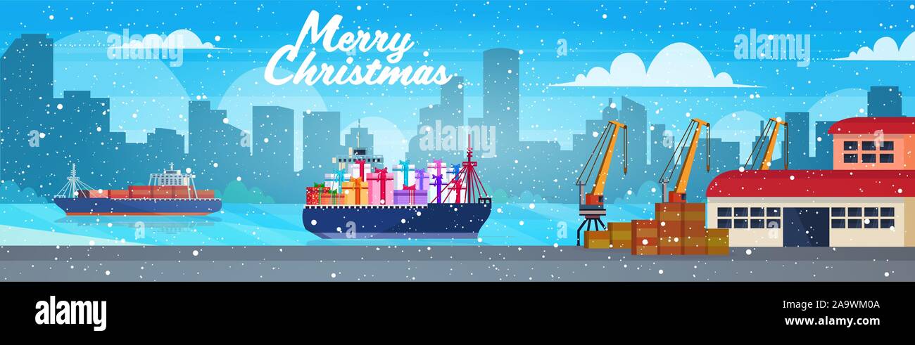 Cargo Container avec boîtes cadeau présent Océan mer transport logistique concept port la nouvelle année noël vacances d'hiver, carte de souhaits fête illustration vecteur horizontal Illustration de Vecteur