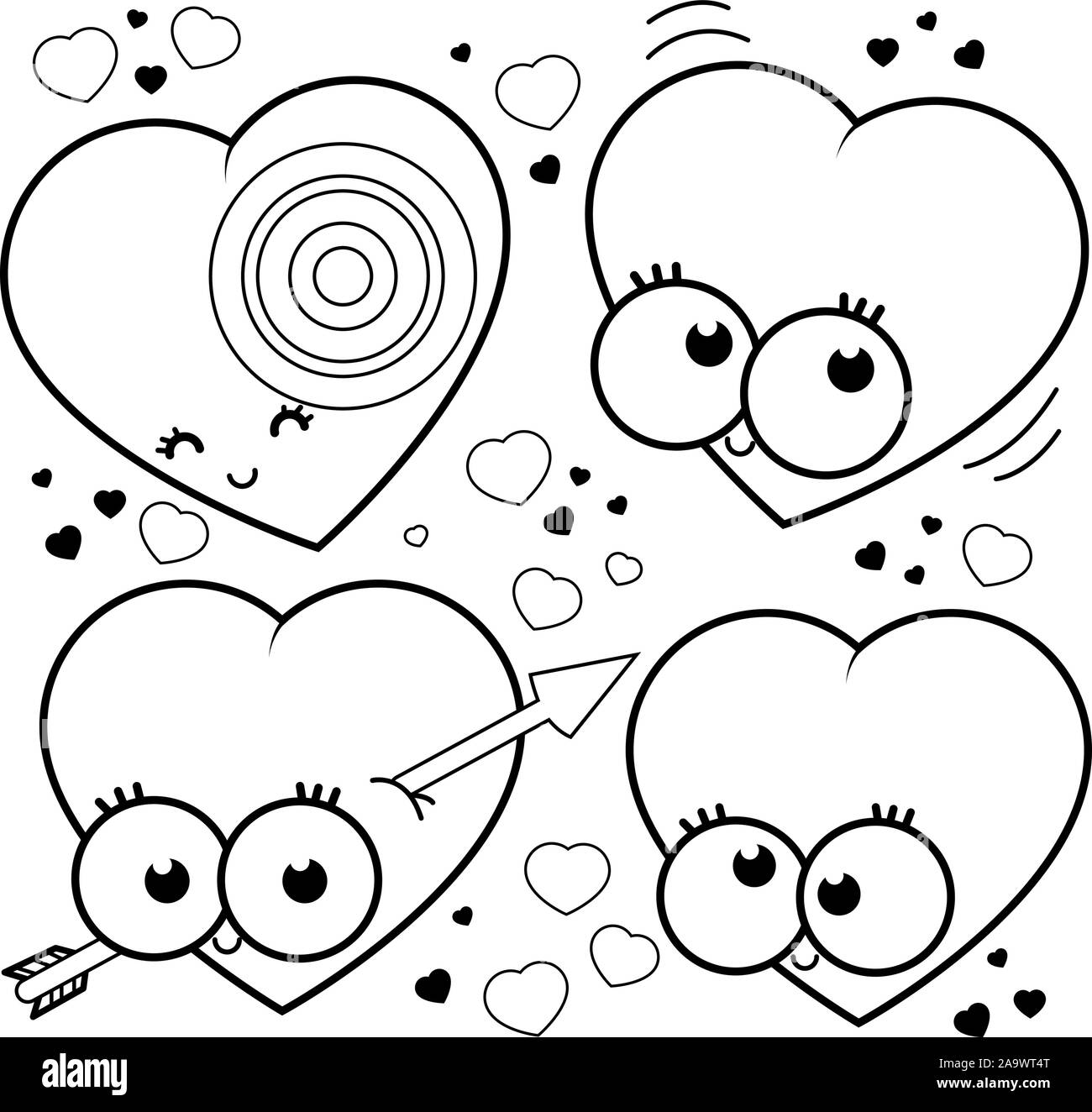 Coeurs de dessins animés. Personnages de coeur de dessin animé drôles. Page de coloriage noir et blanc vectoriel. Illustration de Vecteur