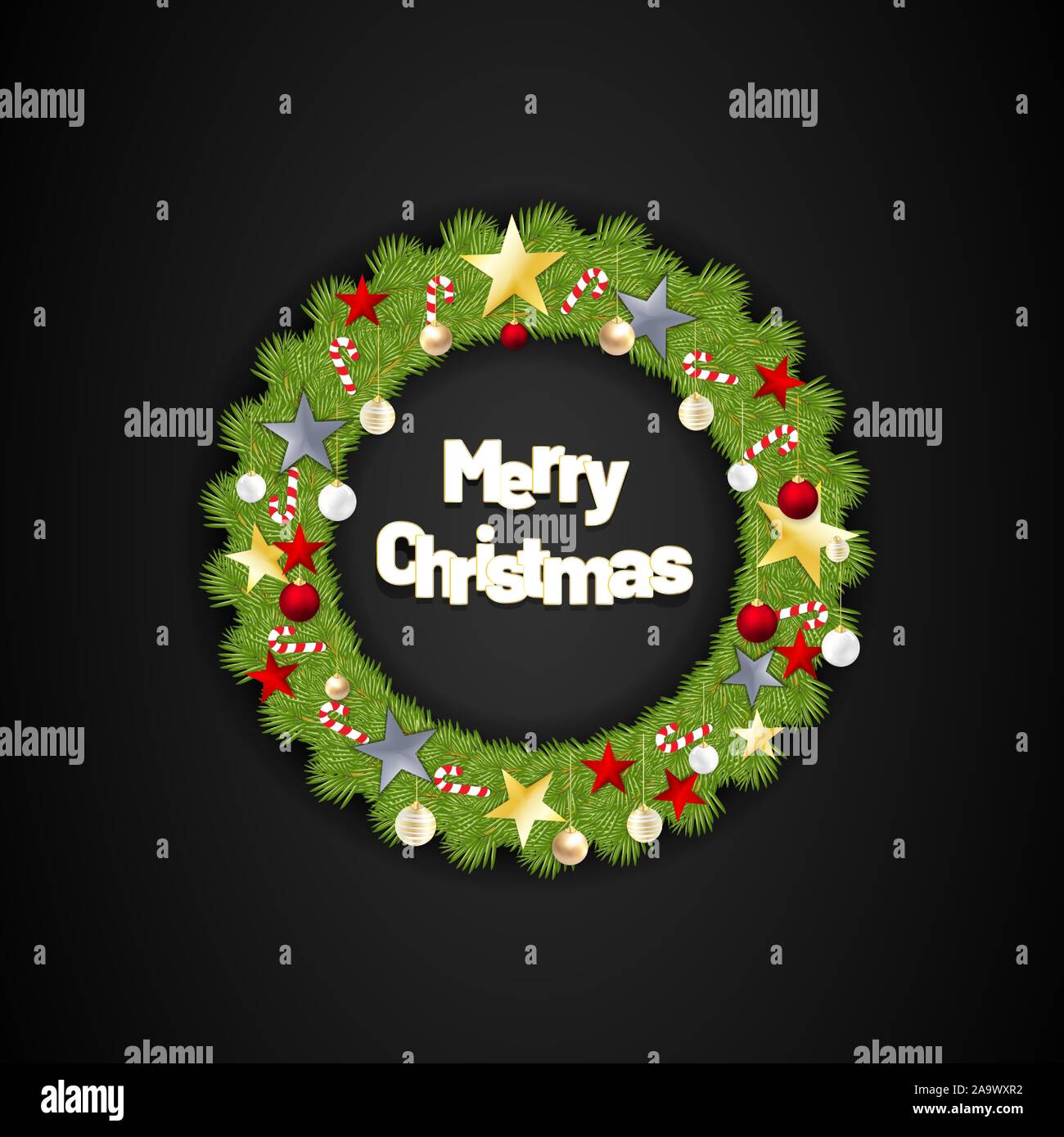 Joyeux Noël avec des feuilles rondes, des étoiles et des bonbons. vector illustration sur fond noir Illustration de Vecteur