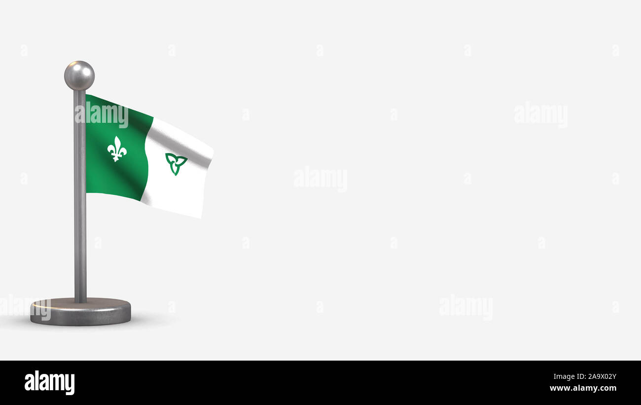 3D franco-ontarienne waving flag illustration sur un petit mât métallique. Isolé sur fond blanc avec l'espace sur le côté droit. Banque D'Images