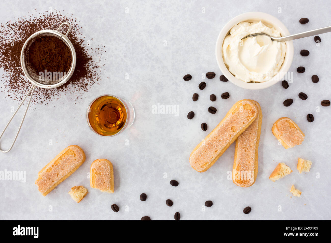 Tiramisu ingrédients, ladyfingers, mascarpone, de cacao, d'amande et de liqueur de café noir éparpillés sur fond texturé gris avec copie espace. Haut Banque D'Images