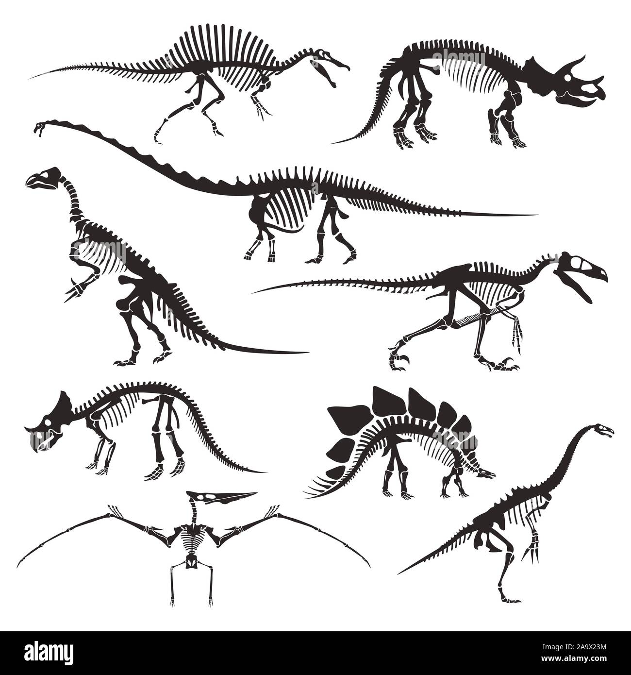Animaux préhistoriques des os, des squelettes de dinosaure icônes isolé Illustration de Vecteur