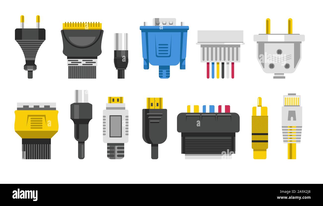 Les connecteurs ou câbles de raccordement, câblage icônes isolé Illustration de Vecteur