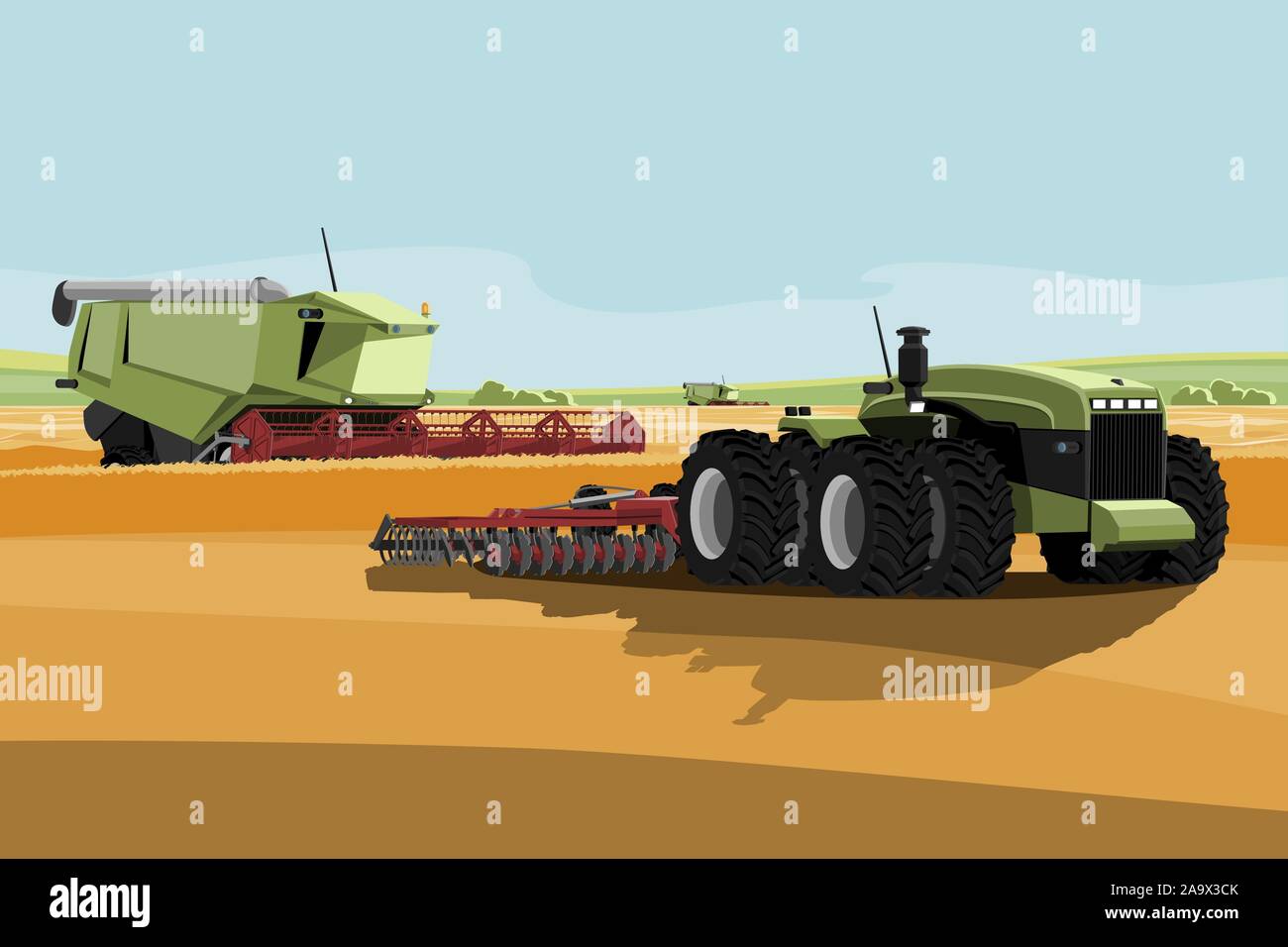 L'ensileuse et autonome sur un tracteur agricole à puce. Transformation numérique dans l'agriculture. Vector illustration Illustration de Vecteur