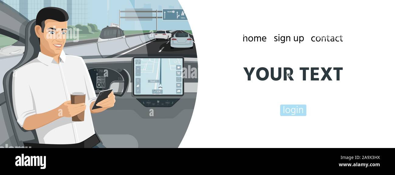 Passager assis dans le siège lors de l'autonomie en voiture conduite sur l'autoroute. Vector illustration Illustration de Vecteur