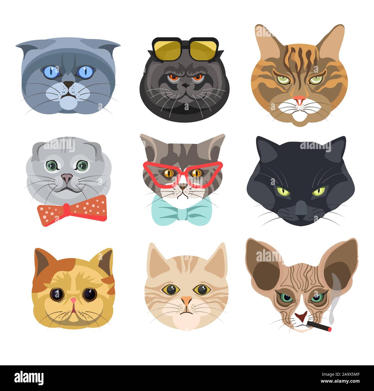 Visages de chats portant des lunettes et d'arcs ou de fumer cigarette icônes isolé Illustration de Vecteur