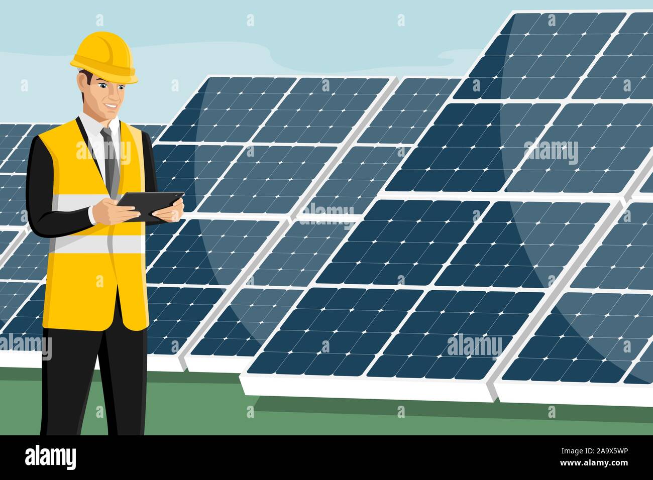 Avec l'ordinateur tablette ingénieur sur un arrière-plan de l'énergie solaire et éolienne. Vector illustration Illustration de Vecteur