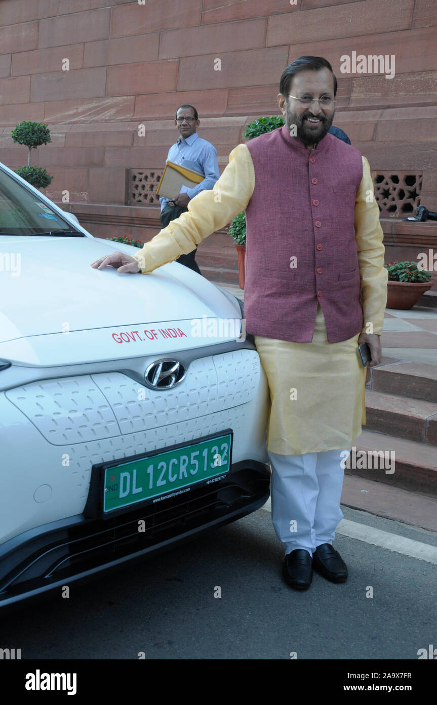 Le ministre de l'environnement, de l'Inde Prakash Javadekar pose pour la photo avec sa nouvelle voiture électrique avec une plaque de numéro vert au parlement Chambre Banque D'Images