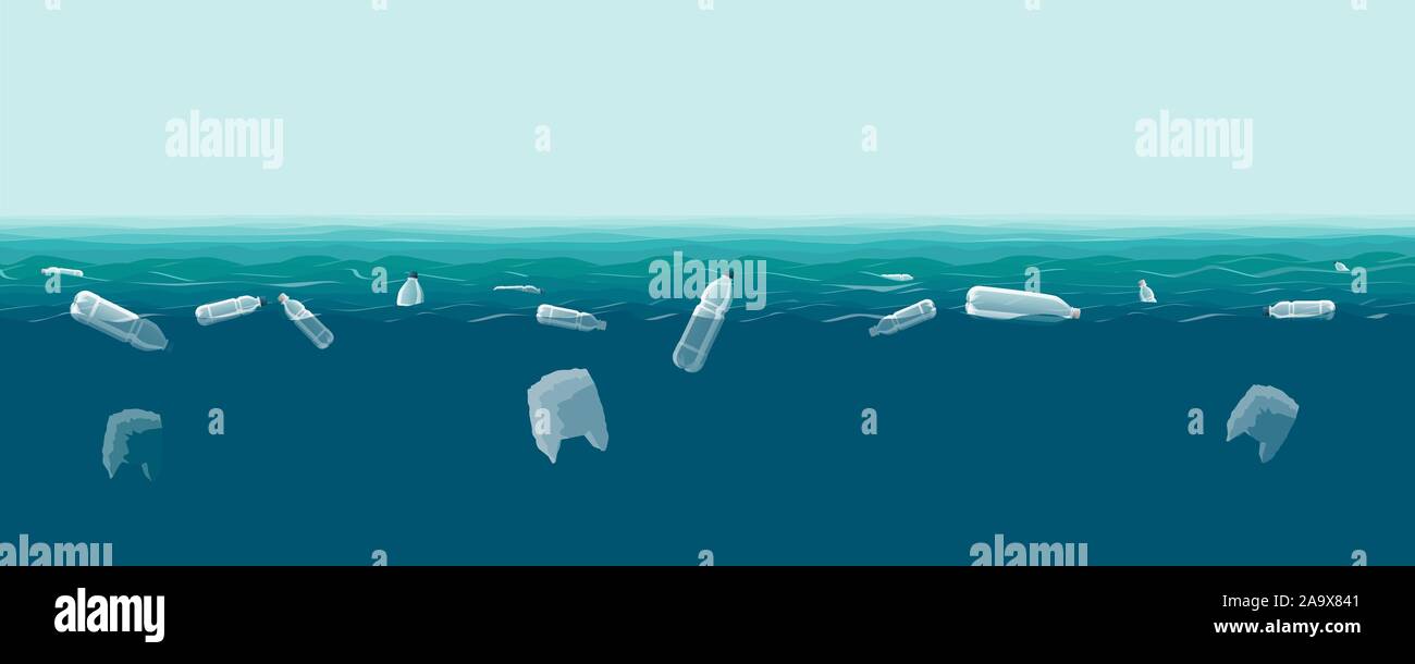 Les bouteilles en plastique dans la mer. La pollution de l'océan mondial par les déchets plastiques. Vector illustration Illustration de Vecteur