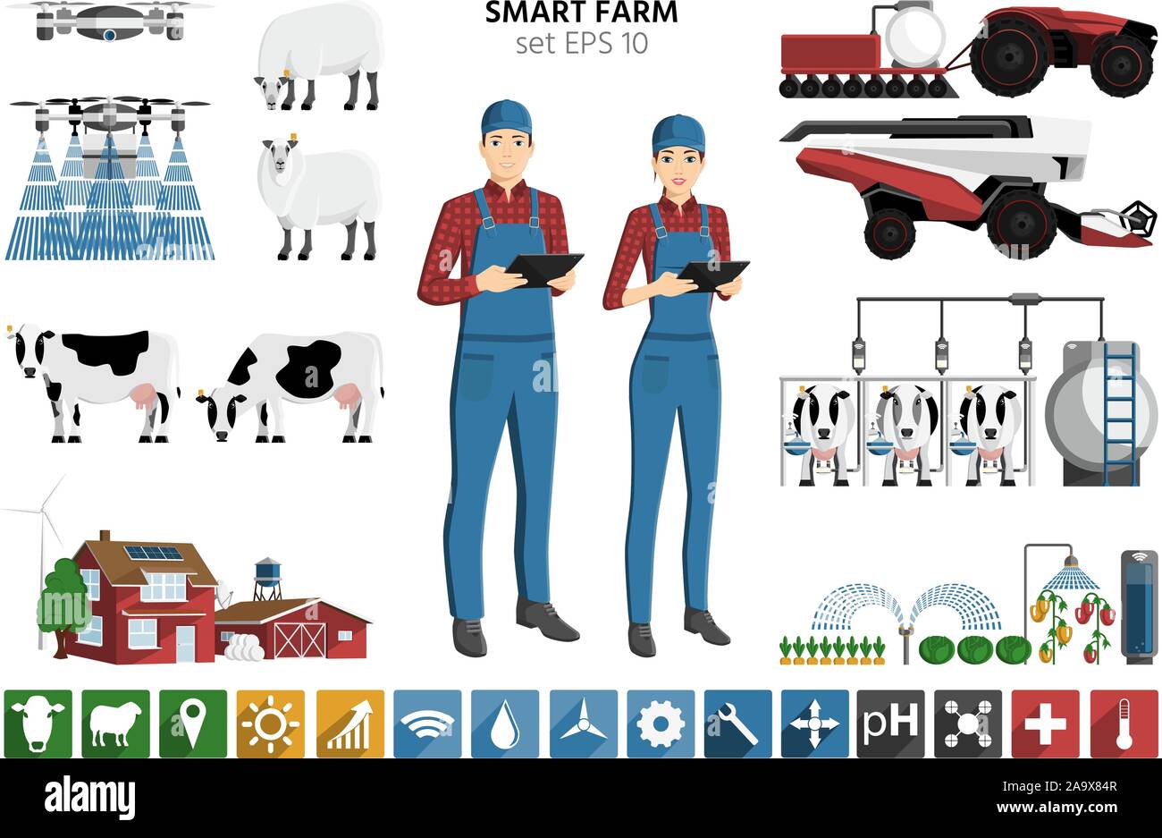 L'agriculture intelligente. Les agriculteurs modernes avec tablette numérique autonome, moissonneuse, tracteur et drone. Éléments pour la conception et l'infographie. Vector illustrat Illustration de Vecteur