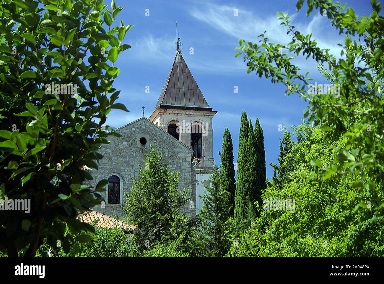 Glockenturm des Klosters Visovac dans der Krka Krka, Nationalpark, Dalmatien, Kroatien Banque D'Images