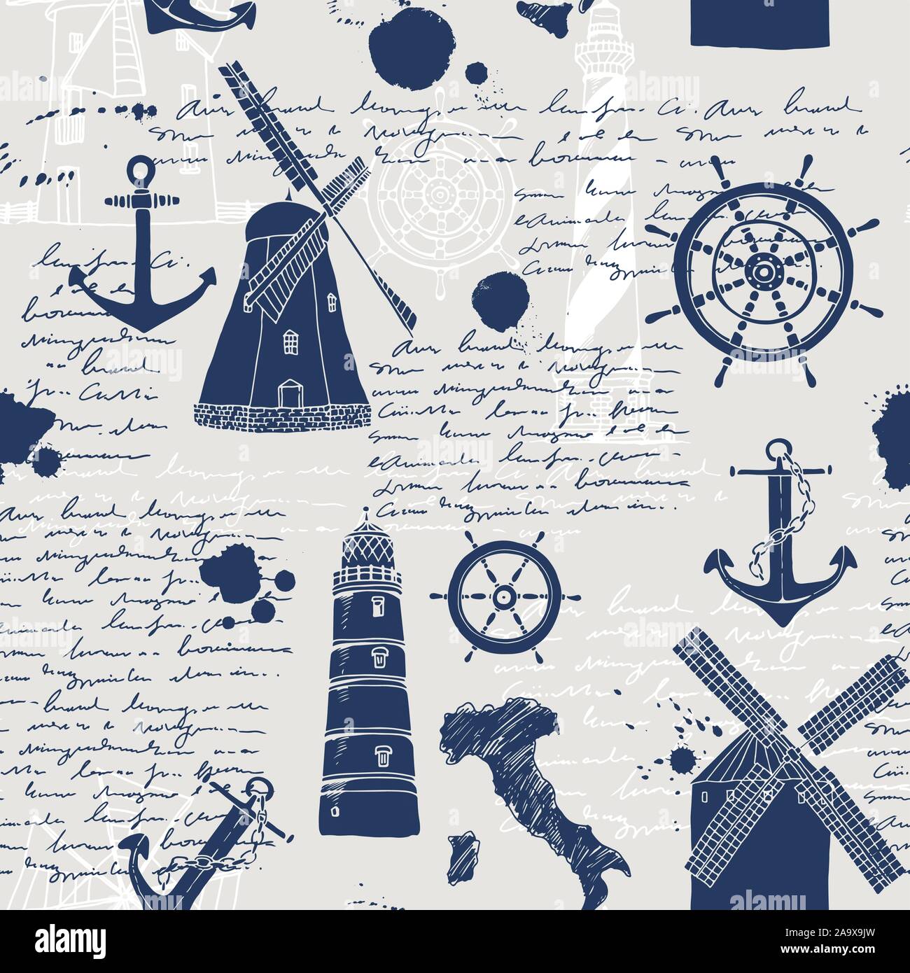 Vector abstract seamless pattern, thème de l'aventure et les voyages, vieux manuscrit, texte, phares, moulins à vent, les roues, les ancres de navires Illustration de Vecteur