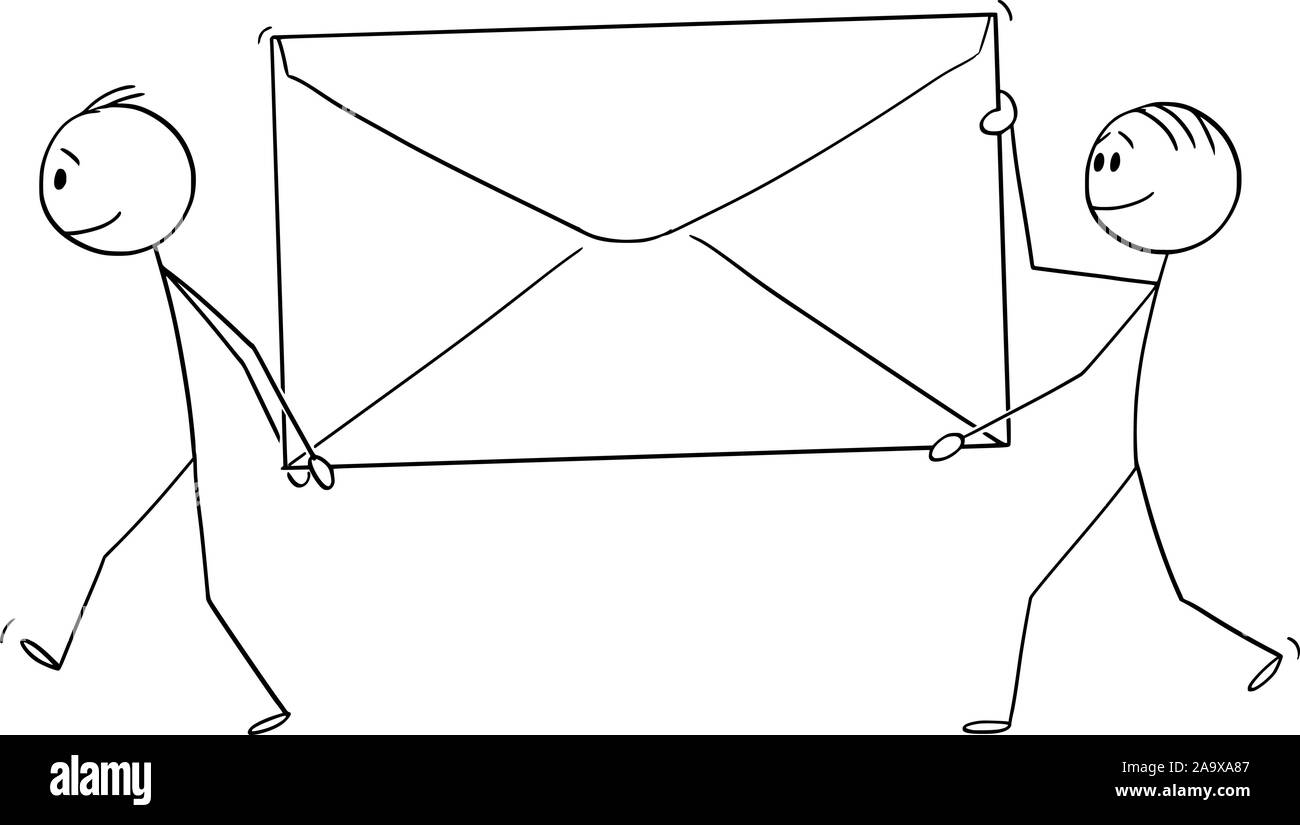 Vector cartoon stick figure dessin illustration conceptuelle de deux hommes d'affaires ou la marche et l'exercice de grandes enveloppes. Illustration de Vecteur